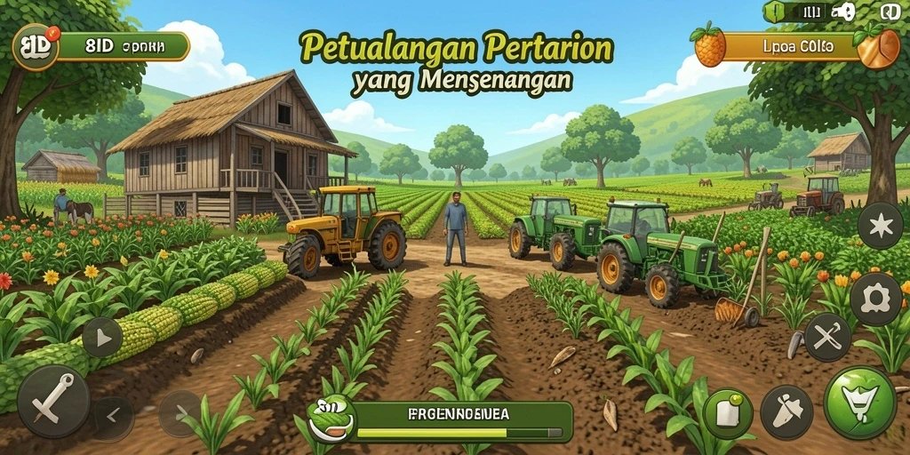 Tampilan gameplay menarik dalam 8ID yang menampilkan aktivitas pertanian.