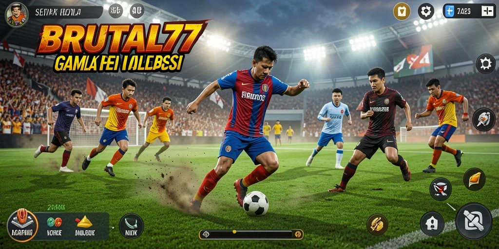Screenshoot gameplay BRUTAL77 dengan aksi pertandingan sepak bola.