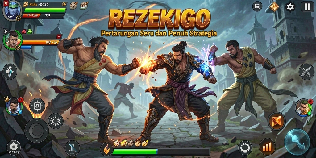 Tangkapan layar dari gameplay seru REZEKIGO yang menampilkan pertarungan karakter.