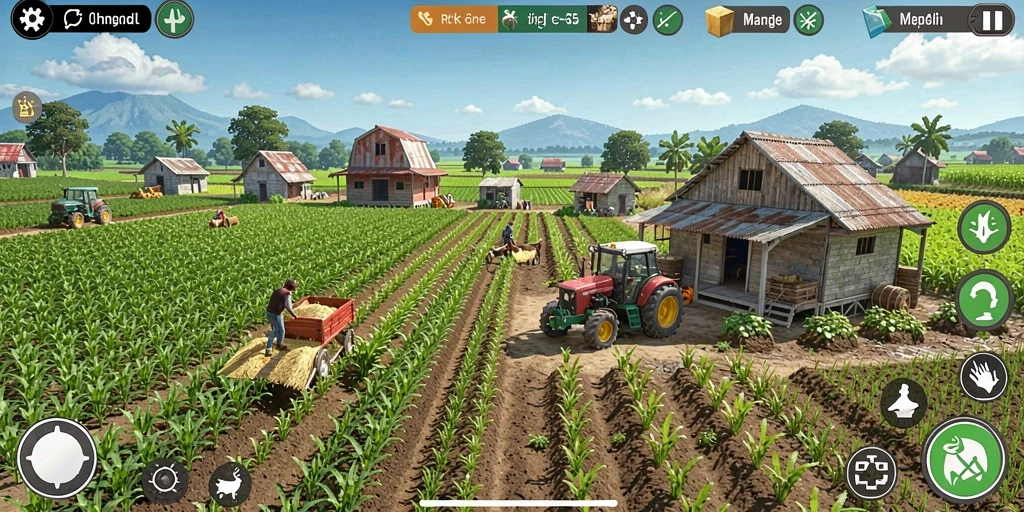 Screenshot utama RK55 menampilkan gameplay seru bertani.