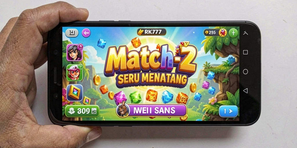 Tangkapan layar gameplay RK77 yang menampilkan kombinasi Match-3 yang seru.