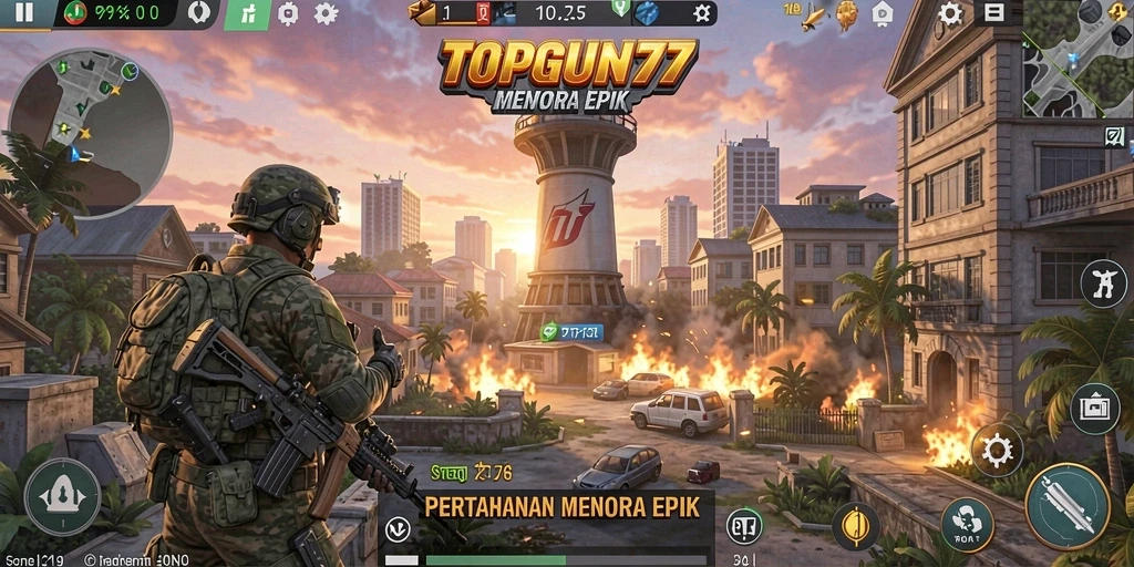 Screenshot gameplay dari TOPGUN77 menampilkan menara yang strategis dan aksi pertempuran.
