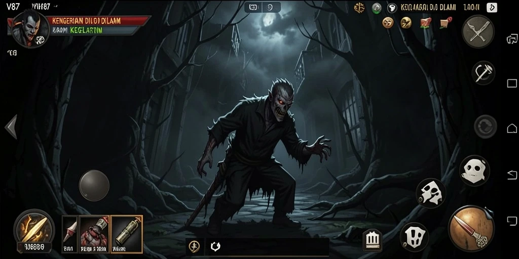 Screenshot utama V87 menampilkan momen menegangkan dari gameplay Horror.