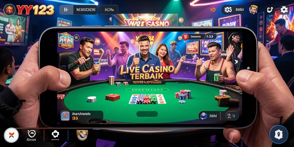 Screenshot gameplay Live Casino di YY123 menampilkan dealer profesional dan interaksi pemain.